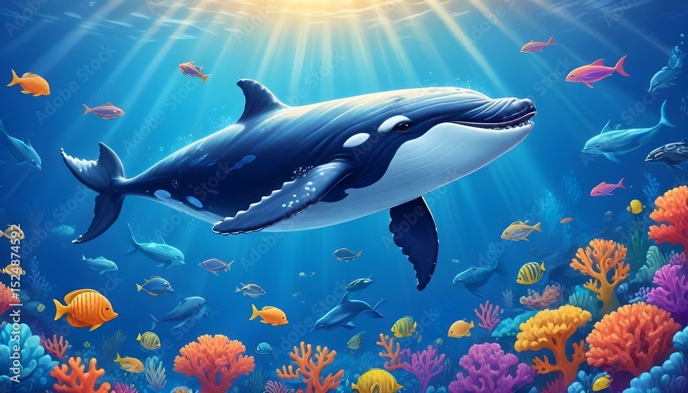 Fototapeta premium Illustration of a cute whale cartoon.