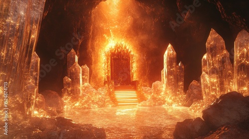 A breathtaking view of a crystal-filled cave illuminated by fiery light source