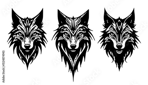 set of black silhouettes of tribais wolfs in white background 