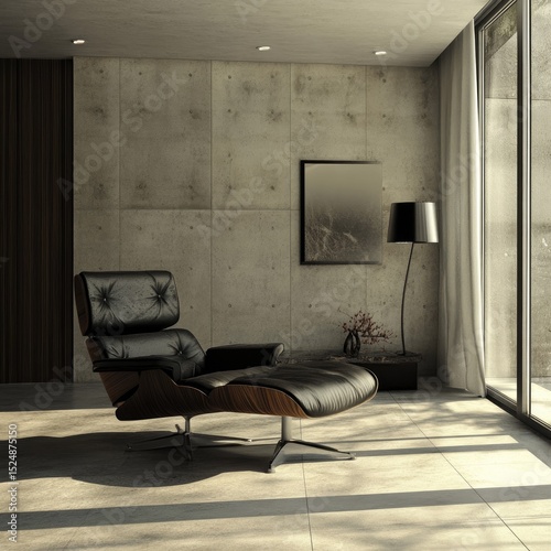 Sunlit minimalist room with leather armchair and ottoman, concrete wall, and large window