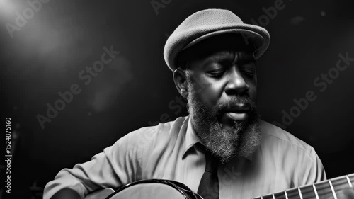 Jazzman playing banjo and singing on stage in night club, jazz session in bw vintage footage of musician under stage lighting in night music club, camera flies around soloist to left making close up