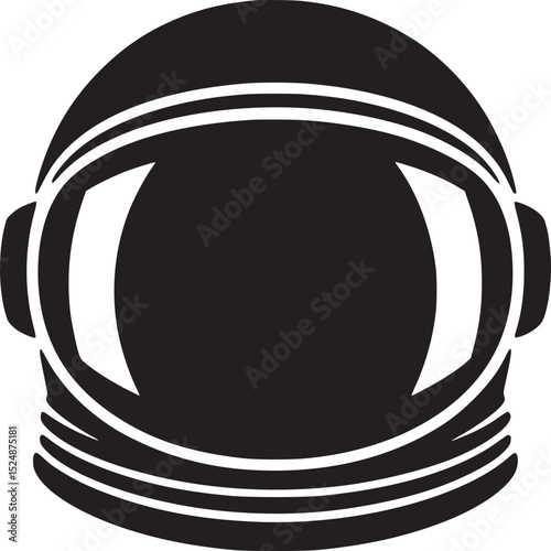 A black and white graphic illustration of an astronaut helmet with visor and neck ring detail