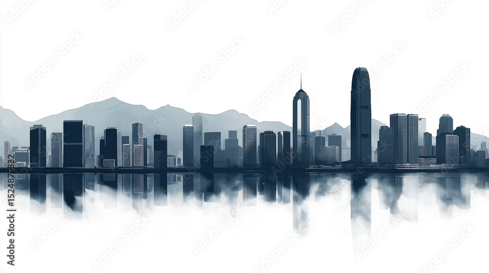 Fototapeta premium Hong kong city skyline with Asia sleek silhouettes on white background 