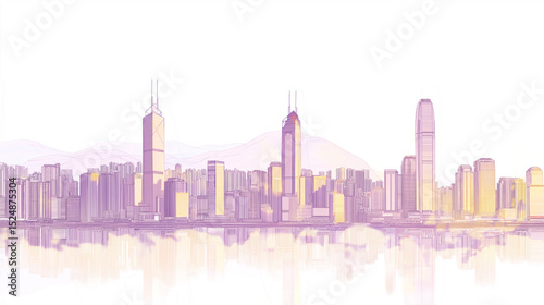 Hong kong city skyline with Asia sleek silhouettes on white background 