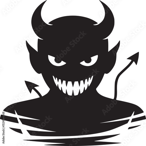 A black silhouette of a devil with horns, sharp teeth, and arrow tails on a light background