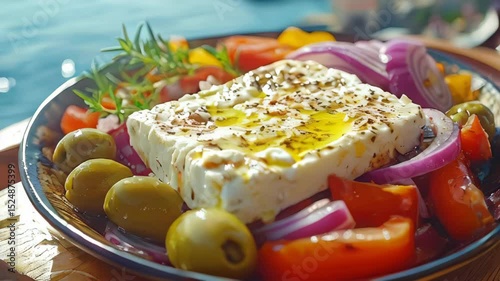 Fresh vegetables with cheese on the background of the sea.