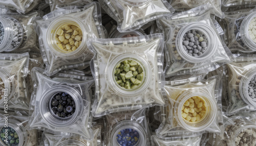 Various small, transparent plastic bags filled with colorful beads and stones are arranged closely together, showcasing variety of textures and hues. assortment includes shades of yellow, green