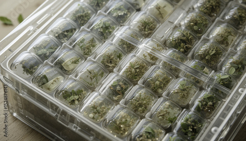 Collection of small plants and seedlings is organized in transparent containers within plastic storage box, showcasing variety of green foliage