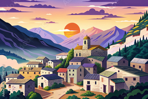 Vector illustration of an old stone village in the mountains at sunrise perfect for nostalgic travel scenes, historic rural design, and scenic morning landscapes