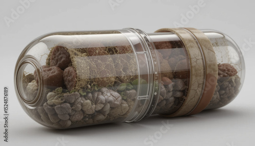 Transparent capsule filled with various natural elements like seeds, stones, and dried plants, showcasing organic and earthy aesthetic. capsule design highlights blend of nature and science