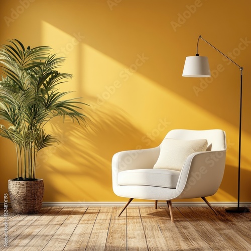 Sunlit room with armchair, plant, and floor lamp