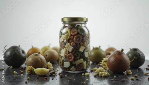 Jar filled with colorful pasta shapes and vegetables is surrounded by various gourds and pasta pieces on dark surface. arrangement creates rustic and artistic display