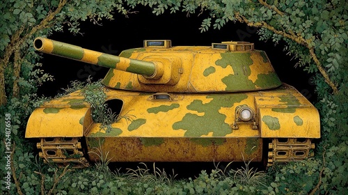Camouflaged tank hidden amidst foliage, symbolic of military strength and nature's embrace