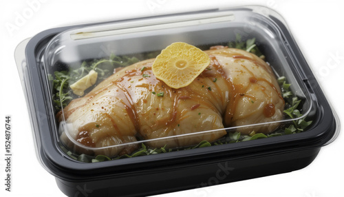 Plastic container holds marinated chicken breast garnished with slice of lemon and herbs, resting on bed of greens. packaging is clear, showcasing fresh and appetizing meal