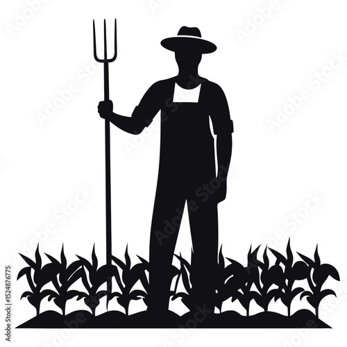 Silhouette of Farmer with Pitchfork Standing in Field, Black and White Illustration