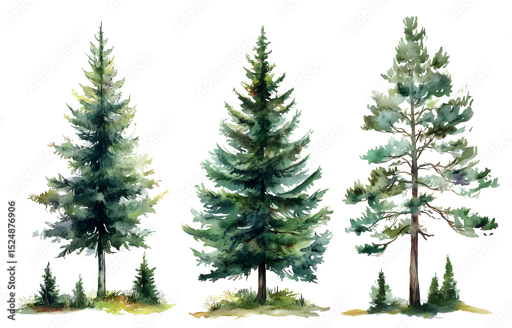 Obraz premium Watercolor Pine Trees on PNG Transparency Background
