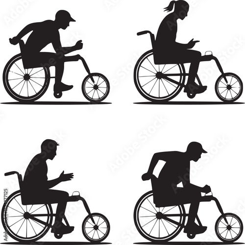 Four silhouettes of individuals using hand powered wheelchairs on a white background design art