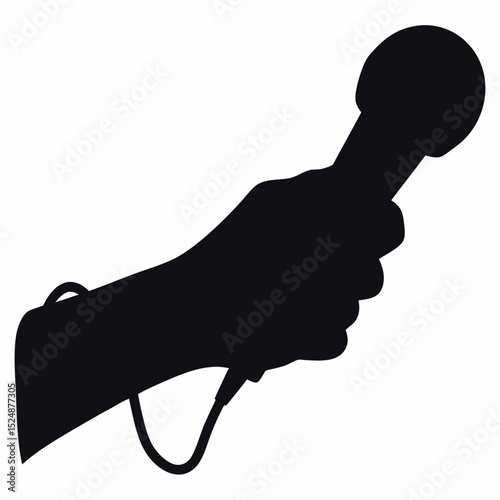 Silhouette of Hand Holding Microphone with Cable Detail on White Background Design