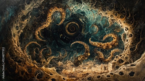 Cthulhu awakening: An illustration depicting the cosmic horror emerging from the depths