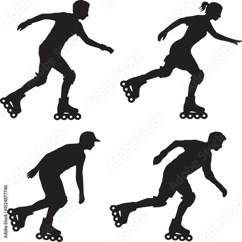 Four rollerblading silhouettes in action on a white background showing movement and activity clearly