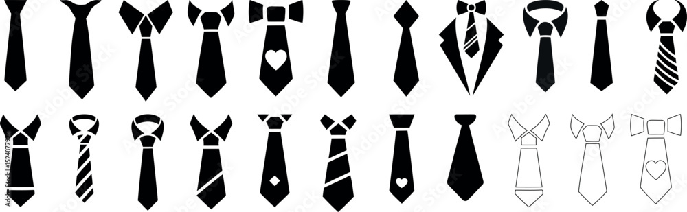 Fototapeta premium Tie silhouette collection for fashion design and business graphics. Includes various tie icon shapes, necktie icons, and bow tie styles in black for creative, professional, and corporate presentation