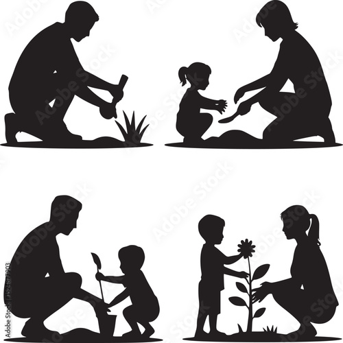Silhouettes of families gardening together in different scenarios on a white background design layout