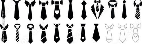 Tie silhouette collection for fashion design and business graphics. Includes various tie icon shapes, necktie icons, and bow tie styles in black  for creative, professional, and corporate presentation