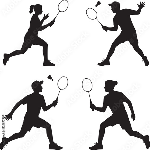 Four badminton players in action silhouettes against a white background performing different poses