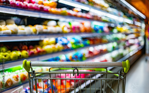 A shopping cart by a store shelf in a supermarket