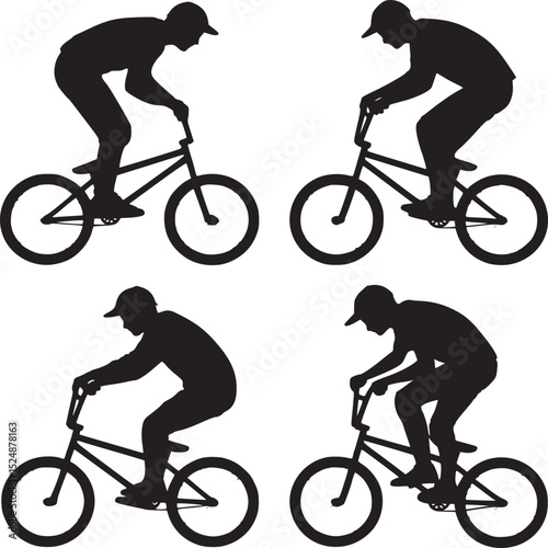 Four bmx rider silhouettes performing stunts against a white background in a collage format image