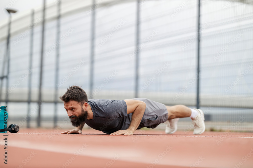 Obraz premium Strong fit sportsman doing pushups on court.