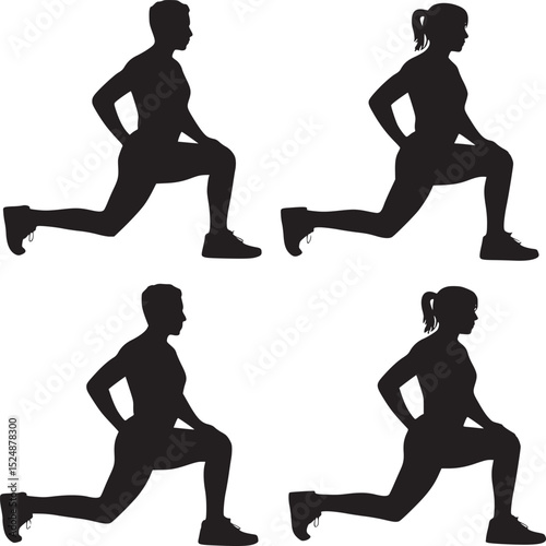 Four silhouettes of people doing lunges against a white background in a grid pattern formation