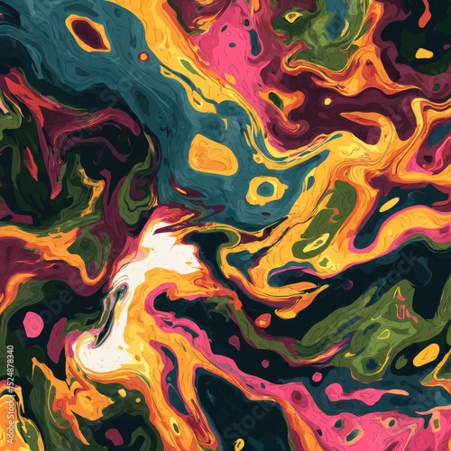Abstract swirling pattern in vibrant hues of teal, gold, maroon, and pink.  The design features fluid, organic shapes and contrasting color blocks