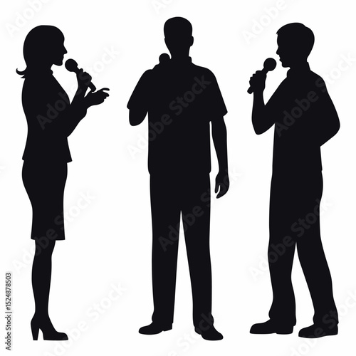Silhouette of Three Individuals Speaking into Microphones, Isolated on White Background Illustration