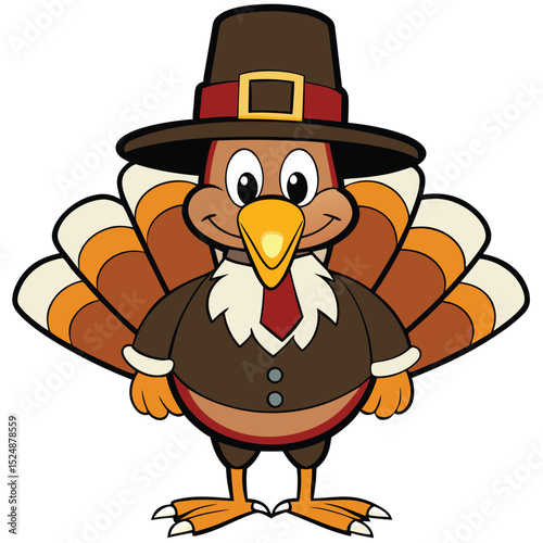 Adorable cartoon turkey wearing pilgrim outfit ready for thanksgiving holiday celebration