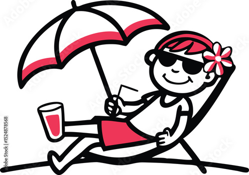 Happy person relaxing on beach lounger with umbrella and drink
