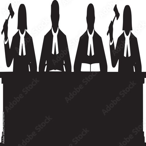 Silhouette of four judges sitting behind a bench with two holding gavels in a courtroom scene