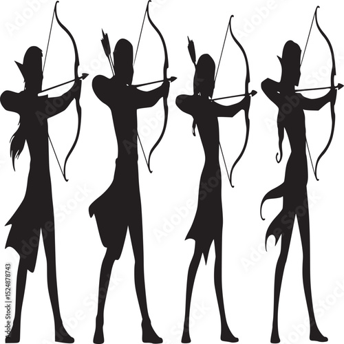 Silhouettes of archers with bows and arrows in various poses on a white background in black and white