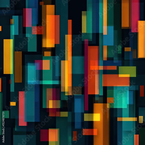Abstract artwork featuring vibrant, multicolored, translucent rectangles of varying sizes and orientations layered against a dark background