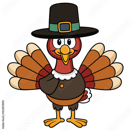 Cartoon thanksgiving turkey wearing a pilgrim hat celebrating the autumn holiday season