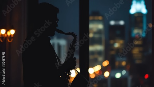 A silhouette of a saxophonist playing passionately against a backdrop of softly glowing city lights through a window