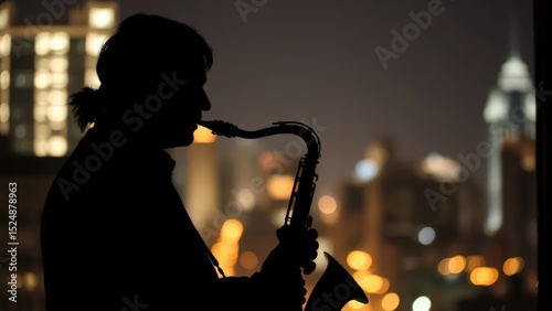 A silhouette of a saxophonist playing passionately against a backdrop of softly glowing city lights through a window