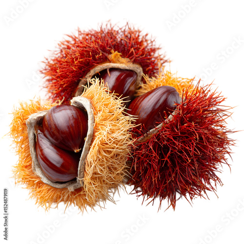 Sweet chestnuts in their spiky husks ready to eat a delicious autumn treat