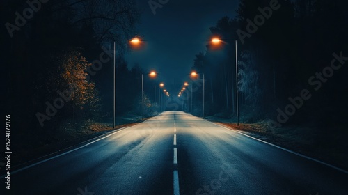 Wallpaper Mural Enigmatic night road illuminated by streetlights cutting through dense forest Torontodigital.ca