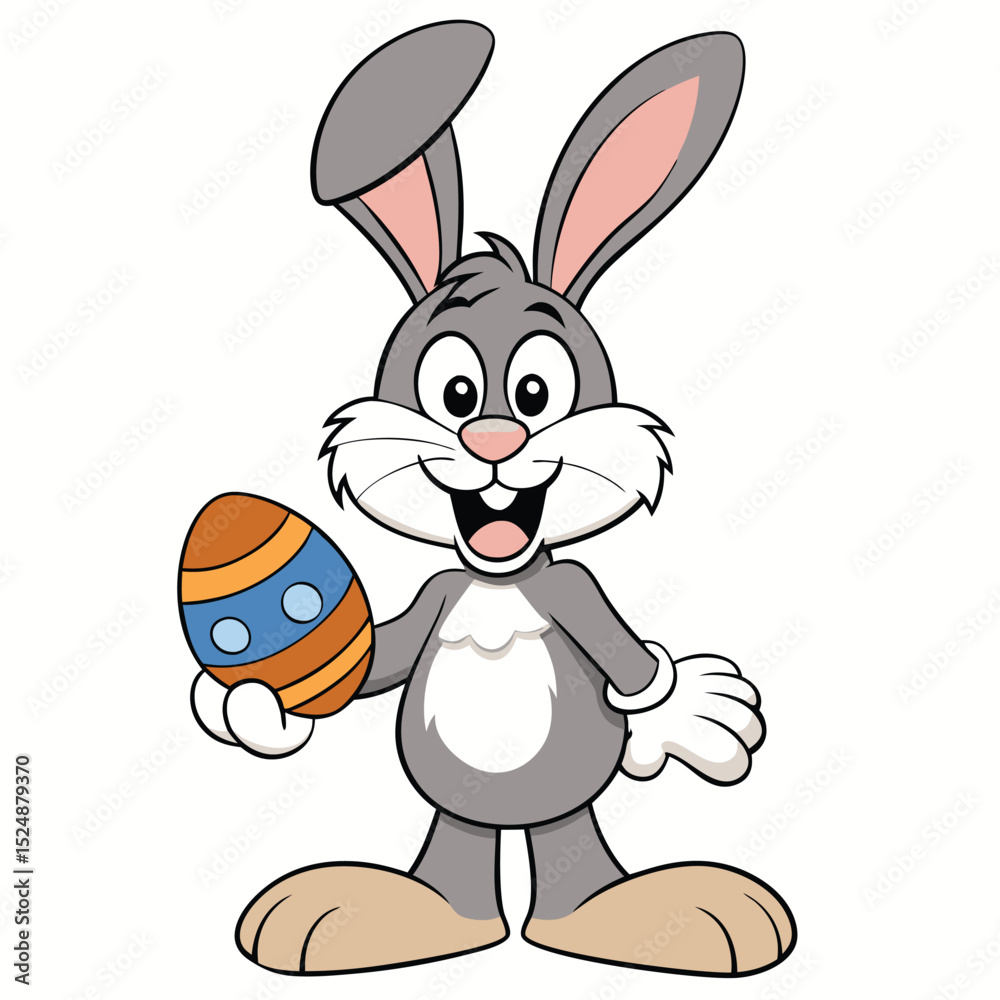 Obraz premium Cheerful cartoon easter bunny holding a decorated egg with big smiling face