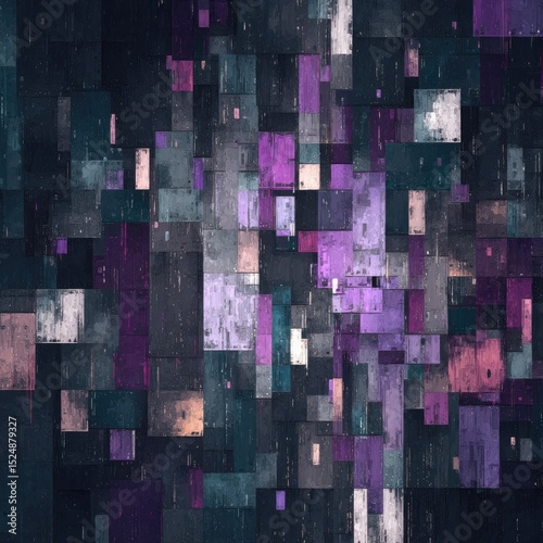 Abstract mosaic of textured rectangles in muted purples, pinks, and blues