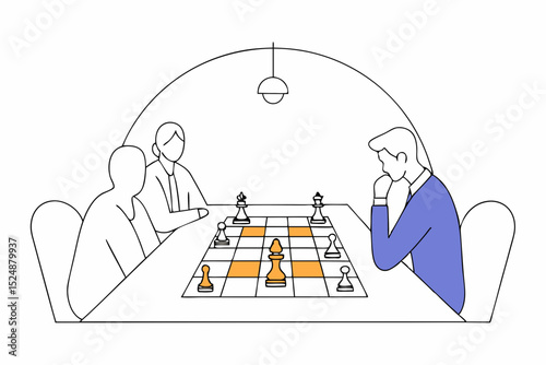 Strategy management, success planning or solution development, business improvement or growth analysis, intelligence insight information, business people help analyze strategy management chess pieces.