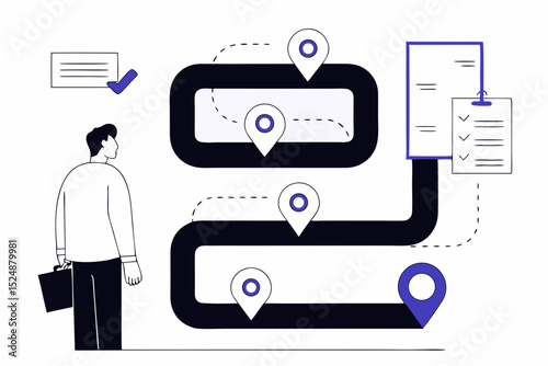 Success roadmap journey, milestone or career path achievement, route or pathway to achieve goals, accomplishment, assessment or way to success, businessman look at achievement milestone to success.