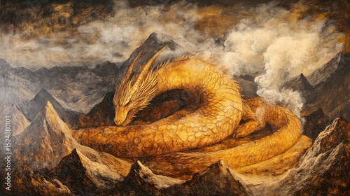 Golden slumber: A majestic dragon rests among towering peaks in tranquil repose