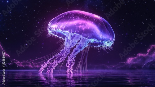 Glowing jellyfish under a starry night sky with reflections in calm water